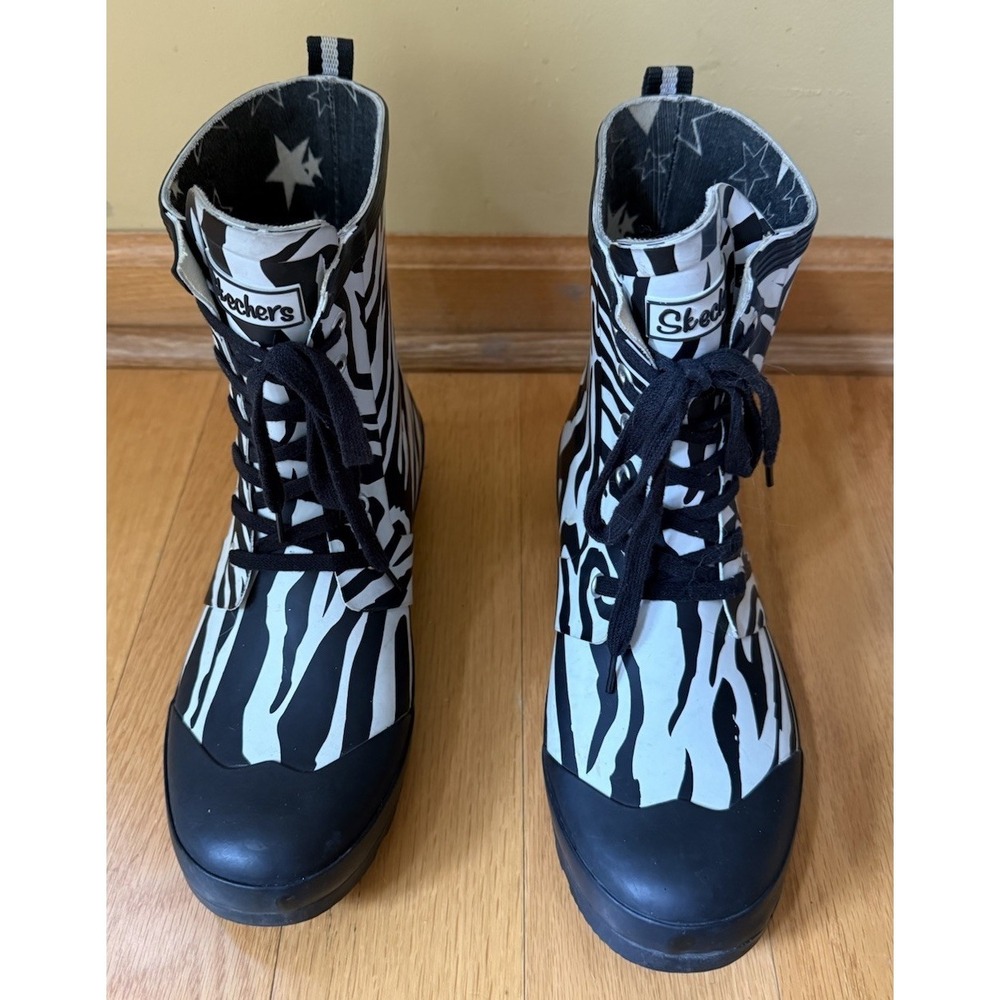 Skechers Bobs Rain Check "Wild Child" Zebra-Print Lace-Up Rain Boots Womens 9